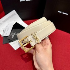 Yves Saint Laurent Genuine Beige Calfskin Gold YSL Logo Women's Belt 3.0cm