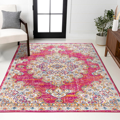 Chic Boho Vintage Pink & Cream 5x8 Area Rug with Floral Medallion Design