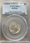 PCGS 1938-D Buffalo Nickel MS66 Uncirculated 5C
