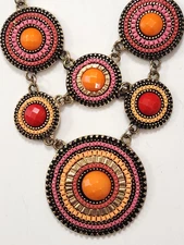 Southwest Style Zad Necklace Disks Orange Pink Red Cabochons Goldtone Native