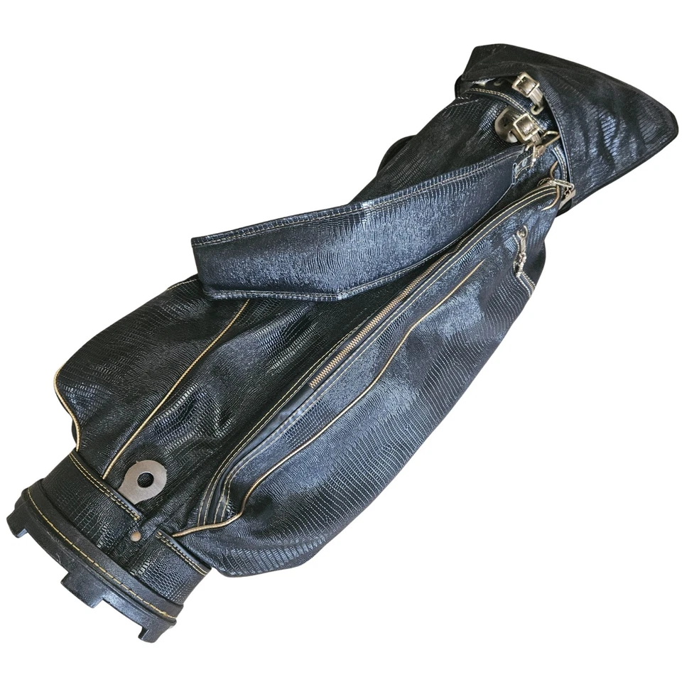 Antiga Bolsa de Golfe Spalding Preta Couro Sintético Acabamento Dourado Capa de Chuva com Carrinho - Imagem 4 de 4