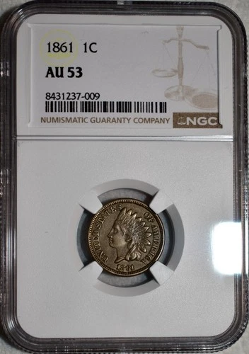 NGC AU-53 1861 Indian Head Cent, Razor-Sharp & Lightly Lustrous.