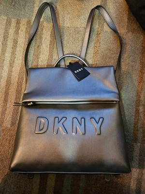 DKNY Black Leather Backpack with Embossed Logo, NWT, Med Tilly In Gunmetal