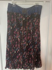 Vintage Y2K 90s Floral Midi Skirt Denim Waist With Lace Up Tie Size Ladies 12