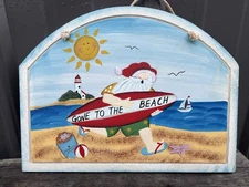 Santa Beach Wood Wall Hanging Christmas Ocean Shore Surfboard Scene Wood Plaque