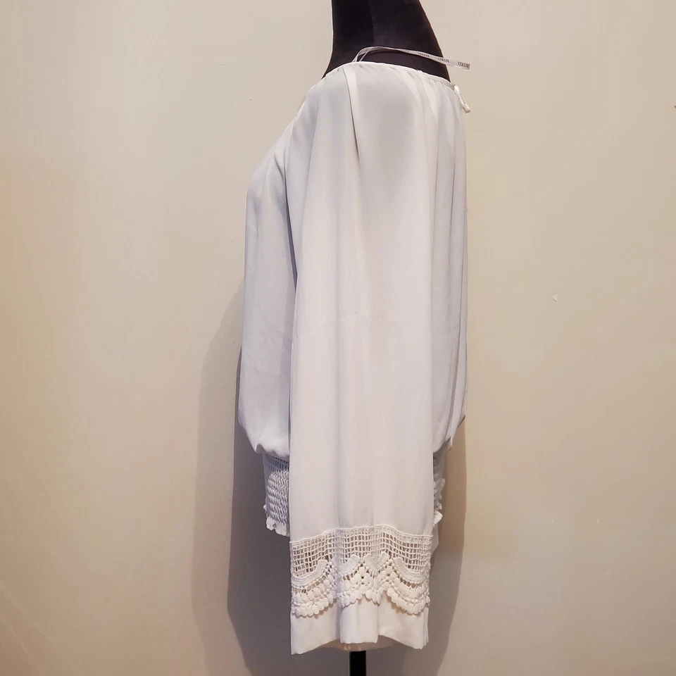 Y2K XOXO 雪纺上衣女式 M 白色蕾丝波西米亚仙女异想天开的婚礼衬衫 — 第 3/4 张图片