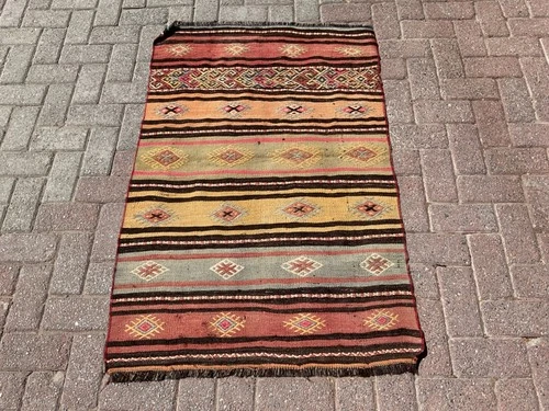 3x5 Striped Turkish Kilim Rug Area  – Handmade Small Rugs for Living Room