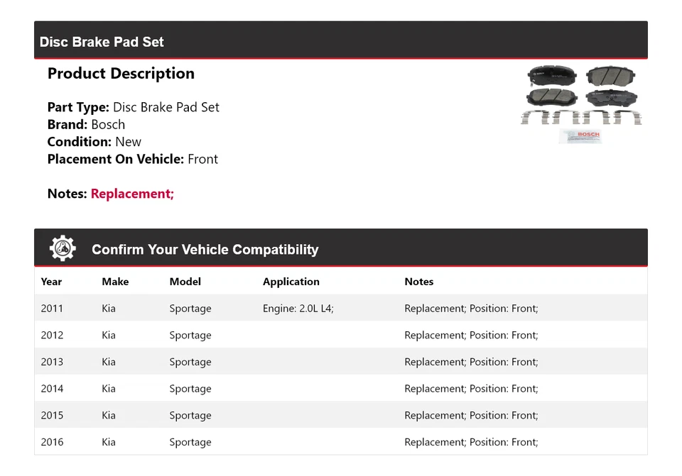 Pastilhas de freio dianteiras de cerâmica 2012 2013 para 2011-2016 Kia Sportage Bosch QuietCast - Imagem 2 de 4