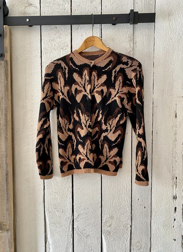 Vintage 60s Brown & Black Fleur Leaf Novelty Print Cardigan Sweater size M/L - Picture 8 of 14