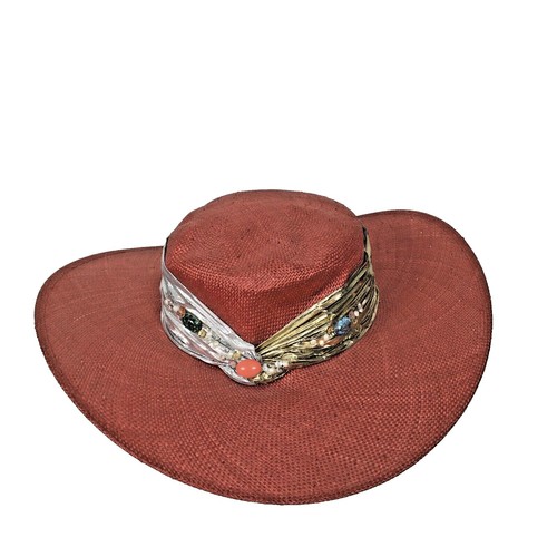 VTG Whittall & Shon USA Tan Straw Hat with Flower Sparkle 