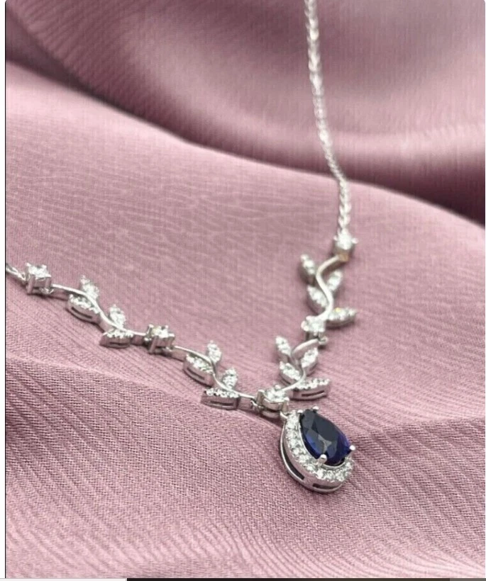 4CT Pear Cut Lab-Created Sapphire Women's 18 in Necklace 14K White Gold Plated - Image 3 of 4