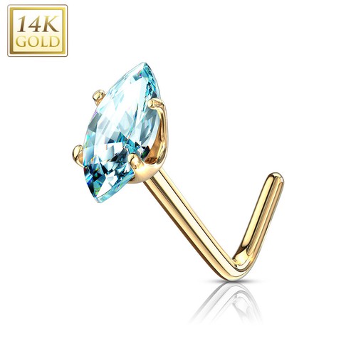 14K Yellow Gold L Bend Nose Stud Rings with Prong Marquise CZ 20G 1/4" - Picture 9 of 9