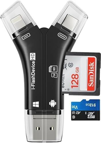 [MFi Certified] 4in1 SD Card Reader for iPhone That Reads Both SD TF Memory s...