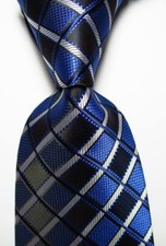 New Classic Checks Blue Black White JACQUARD WOVEN Silk Men's Tie Necktie