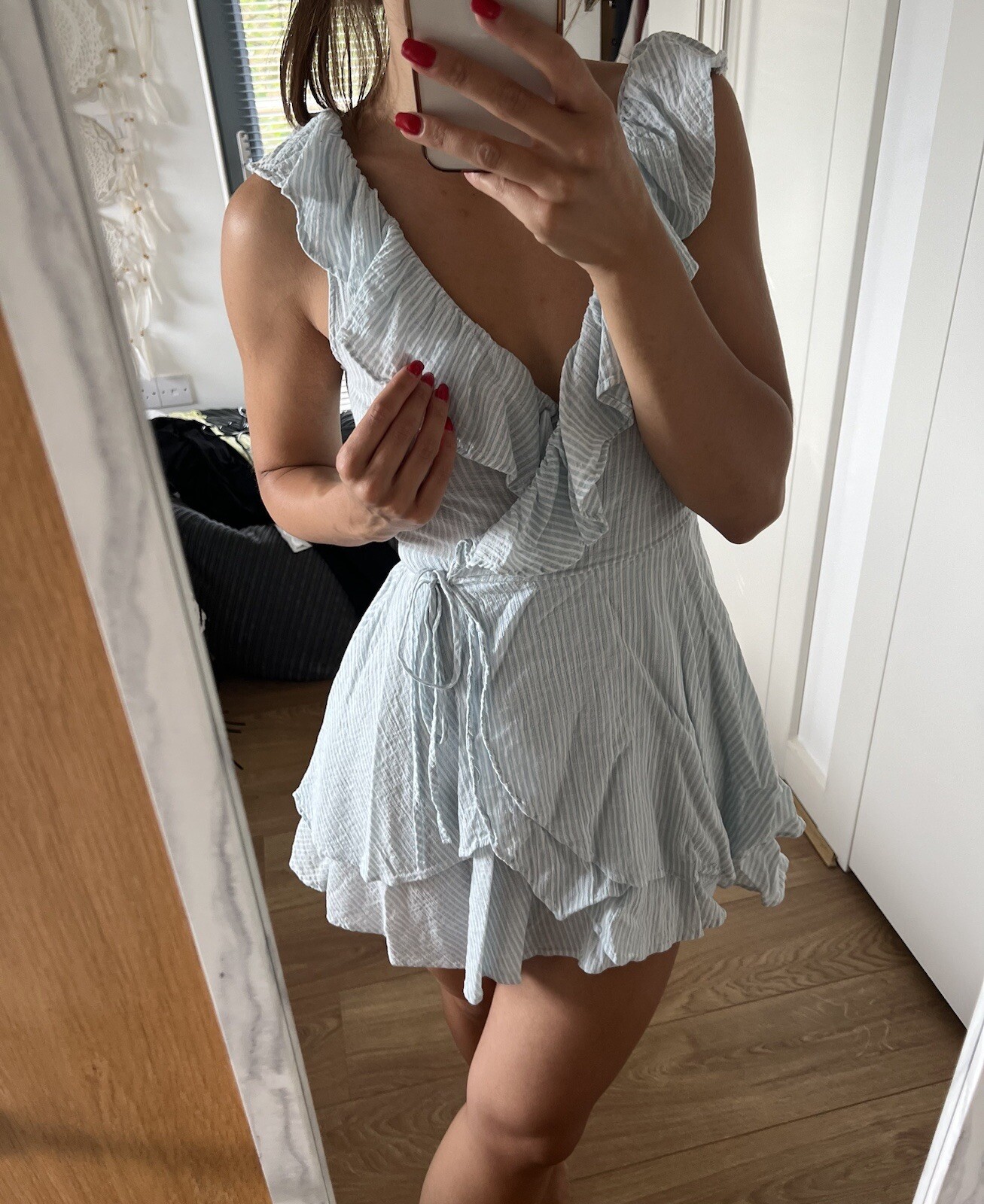 H&M White Blue Striped Flouncetrimmed Wrap Around Summer Dress UK 8 eBay