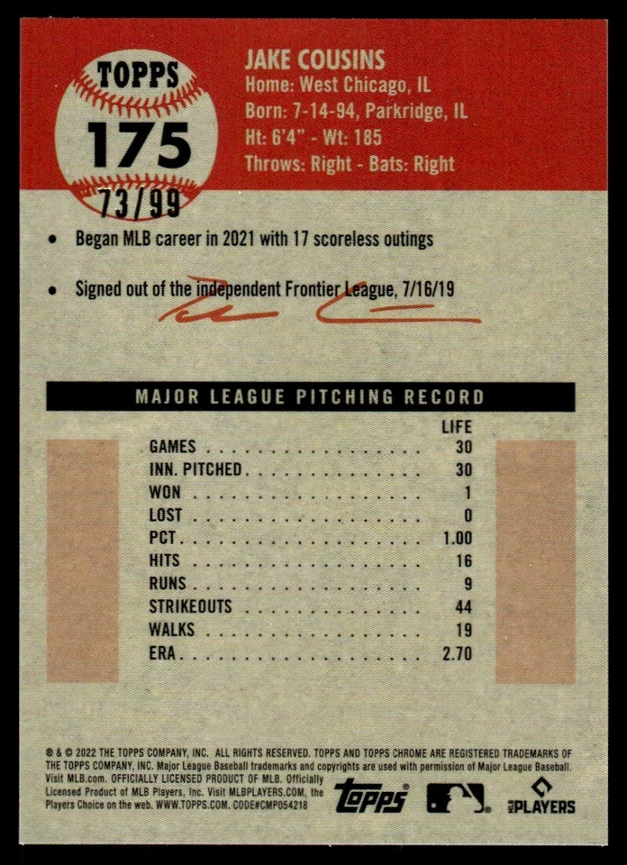 2022 TOPPS CHROME PLATINUM GREEN TOILE /99 Jake Cousins Milwaukee Brewers #175 - Image 2 of 2