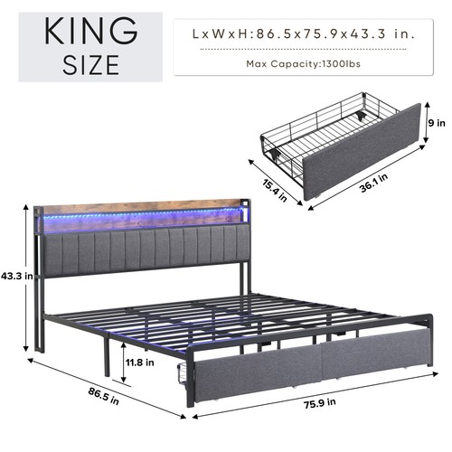 Full/Queen/King Size LED Upholstered Bed Frame with Drawers & Charging Station - Picture 4 of 30