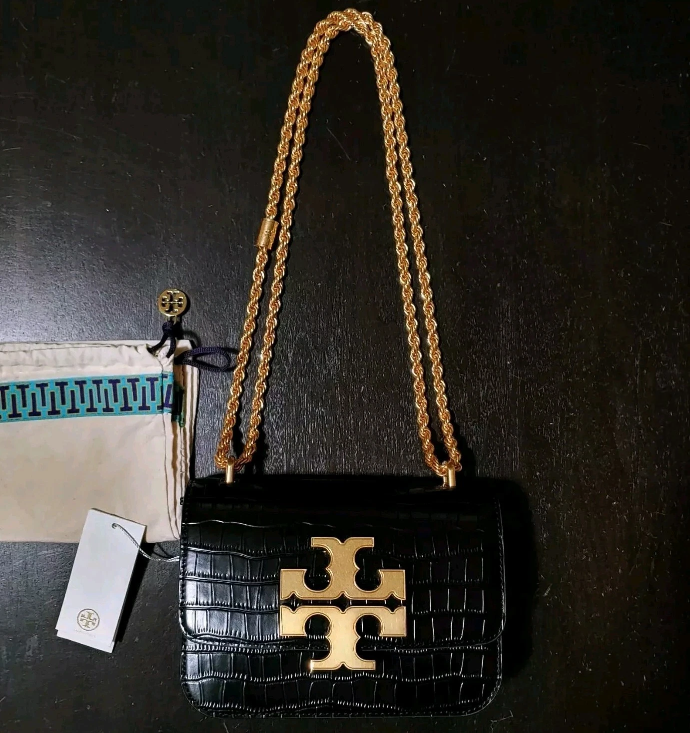 Borsa a tracolla Tory Burch Eleanor nuova con etichette in pelle di coccodrillo nera laminata catena oro