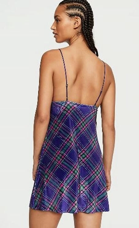 UNDERCOVER NUOVO Victoria's Secret XS abito slip in velluto blu a quadri camicia da notte