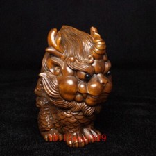 2.4 Inch Old Chinese Boxwood Hand carved Kylin Statue Decoration Gift Collection