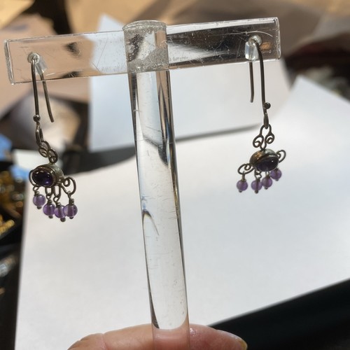 MNSM 925 CABOCHON GENUINE AMETHYST STONES PIGTAILED BEADS PIERCED EARRINGS - Picture 10 of 13