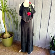 Young Edwardian Vintage Arpeja Black Flowy Dress Halter Straps Maxi Rose XS Boho