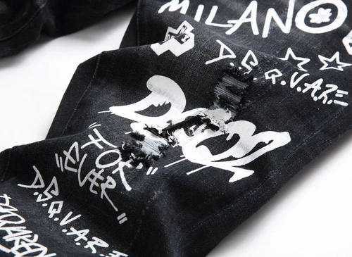 Men's Black Denim White Letter Printed Button Ripped Casual Pants Jeans Trousers - Picture 4 of 13