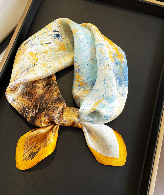 100% Silk Mulberry Scarf 20 Inch Yellow Oil Painting Print Women Wrap
