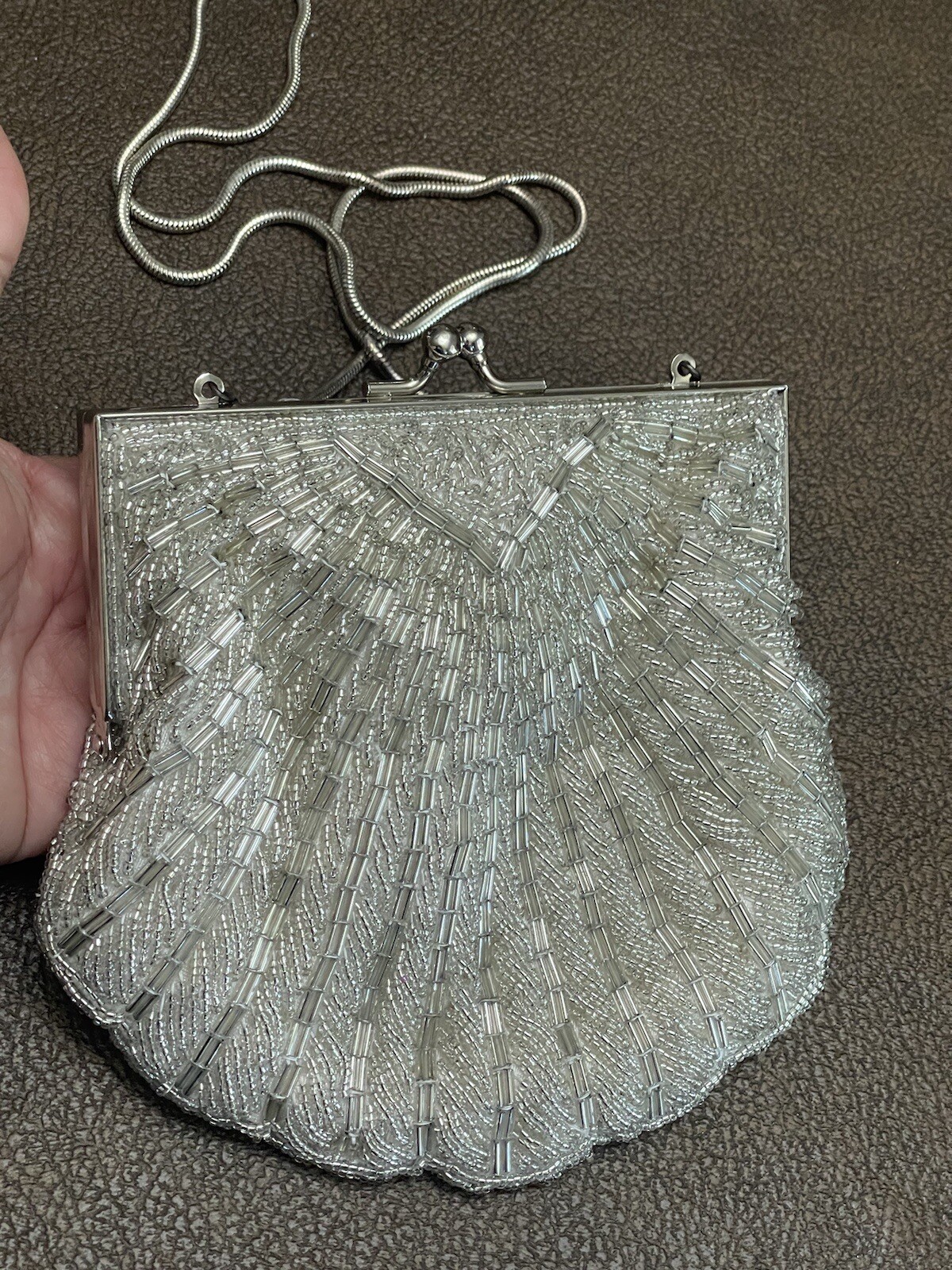 André Cellini White Beaded Clamshell evening bag … - image 1