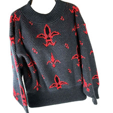 Vintage Sweater Jason Maxwell S Fleur De Lis Black Gray Red USA made oversized