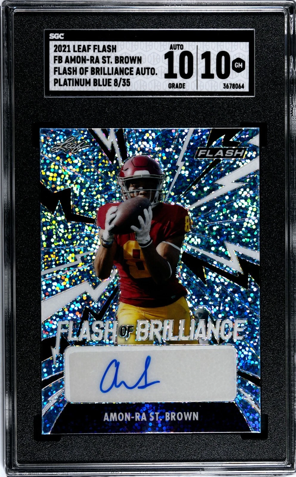 Amon-Ra St. Brown Leaf Flash of Brilliance Autographs #FBARS Platinum Blue