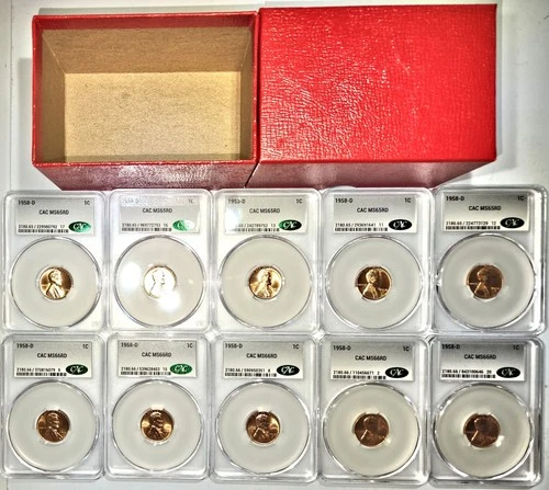 Lincoln Wheat Cent 10-Coin Set - All CAC Certified - All 1958-D - MS65RD & MS66
