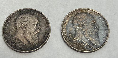 1902 Baden 2 Mark Germany Silver Coins Lot Of 2