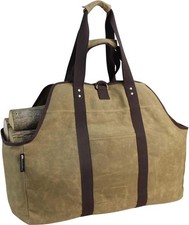 Waxed Canvas Log Carrier Tote Bag, Extra Large Durable Firewood Holder Khaki