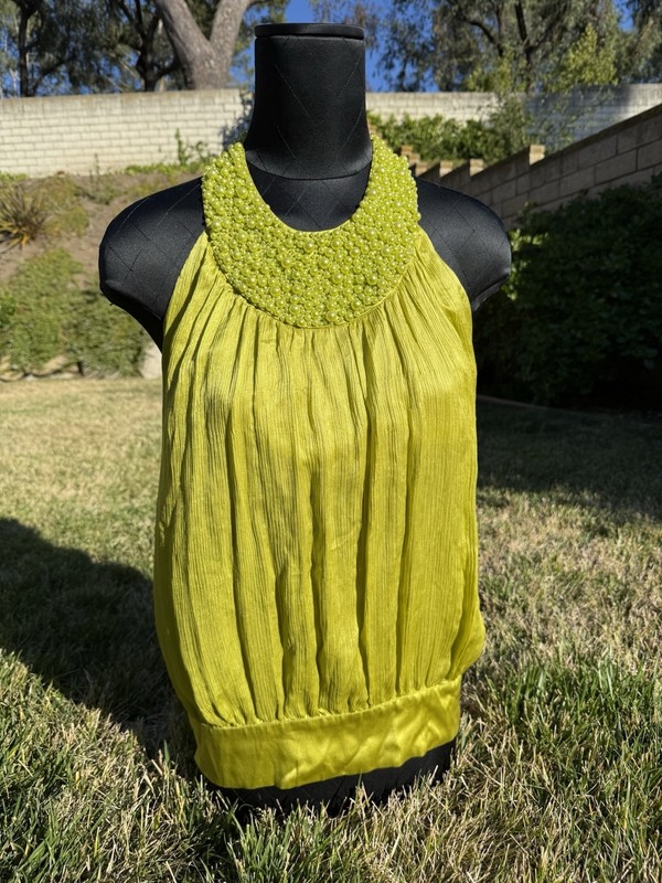 Y2K Bebe Chartreuse Halter Neck Silk Top With Pearl Accents