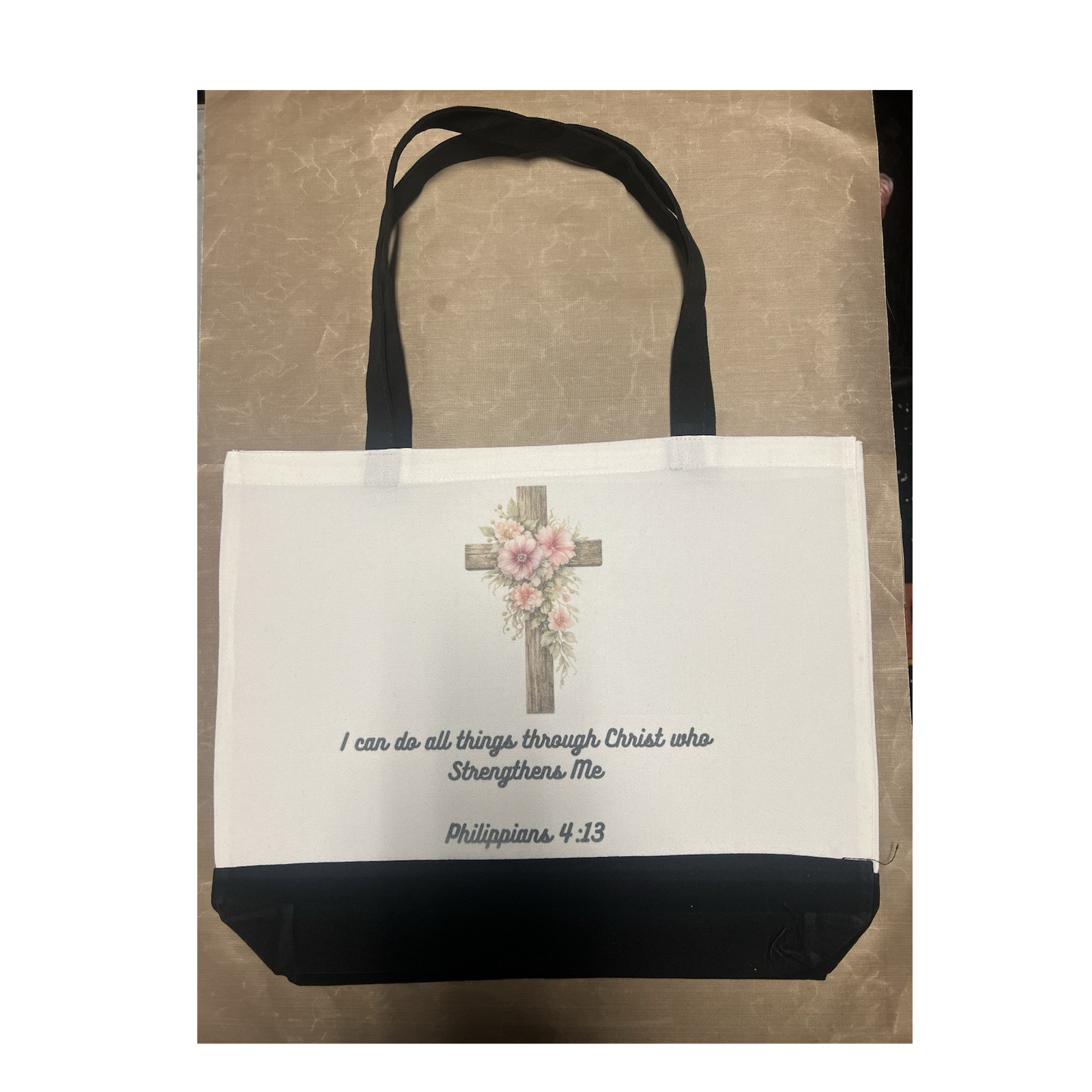 Religious Inspirational Tote Bag Philippians 4:13 Cross Floral Black White Women