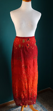 Vintage Floral Crinkle Vibrant Red Orange Maxi Skirt Tropical Ombre Large