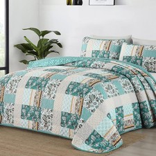 Summer Quilt Set Queen Size 3 Pieces Teal Patchwork Plaid Bedspread Coverlet Set