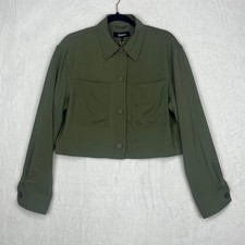 Quince Stretch Crepe Cropped Jacket Womens Olive Green Button Front Size L NWT