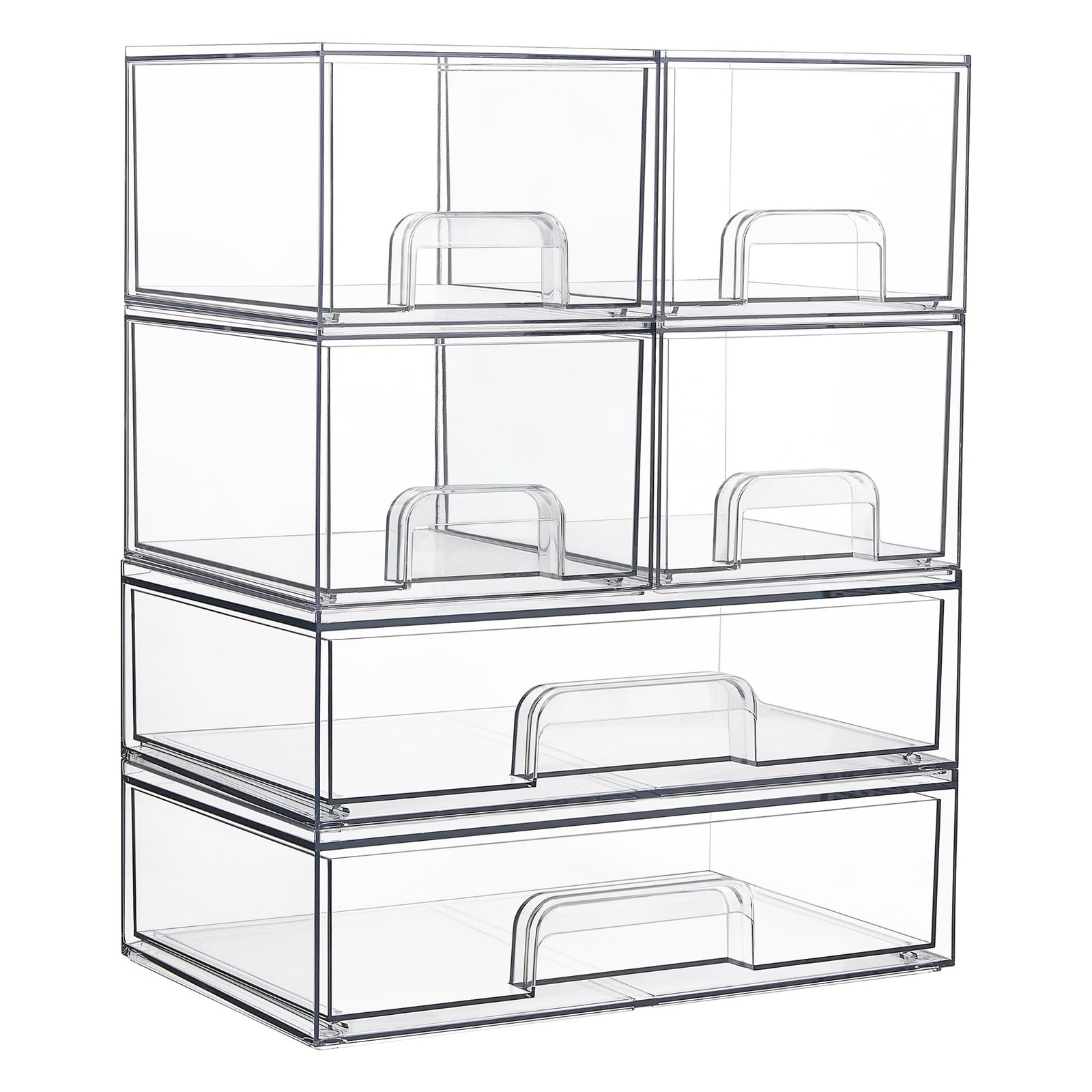 Stackable Storage Drawers Set of 6, Clear Plastic Organizer Bins for Bathroom...