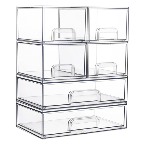 Stackable Storage Drawers Set of 6, Clear Plastic Organizer Bins for Bathroom...