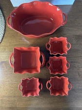 BIA Red Ruffle Edge Baking Dishes Set of 6 Multiple Sizes Used Good Condition