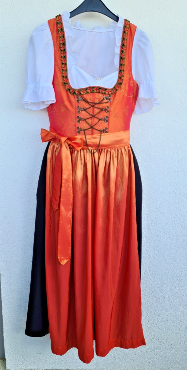 C&A Dirndl 34 orange, lang Bluse Schürzen Pailletten Balkonett  Set