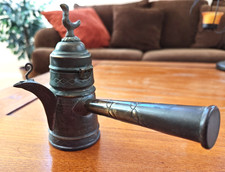 Vtg Brass Dallah Arabic Turkish Coffee Pot Hinged Lid Bird Finial Long Handle