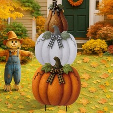 3 Pcs Thanksgiving Metal Stacked Pumpkin Garden Stakes Outdoor 3D Retro Pumpk...