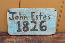 Antique Wood Sign "John Estes 1826" Old Robin Egg Blue Paint Wooden 13x7" VTG