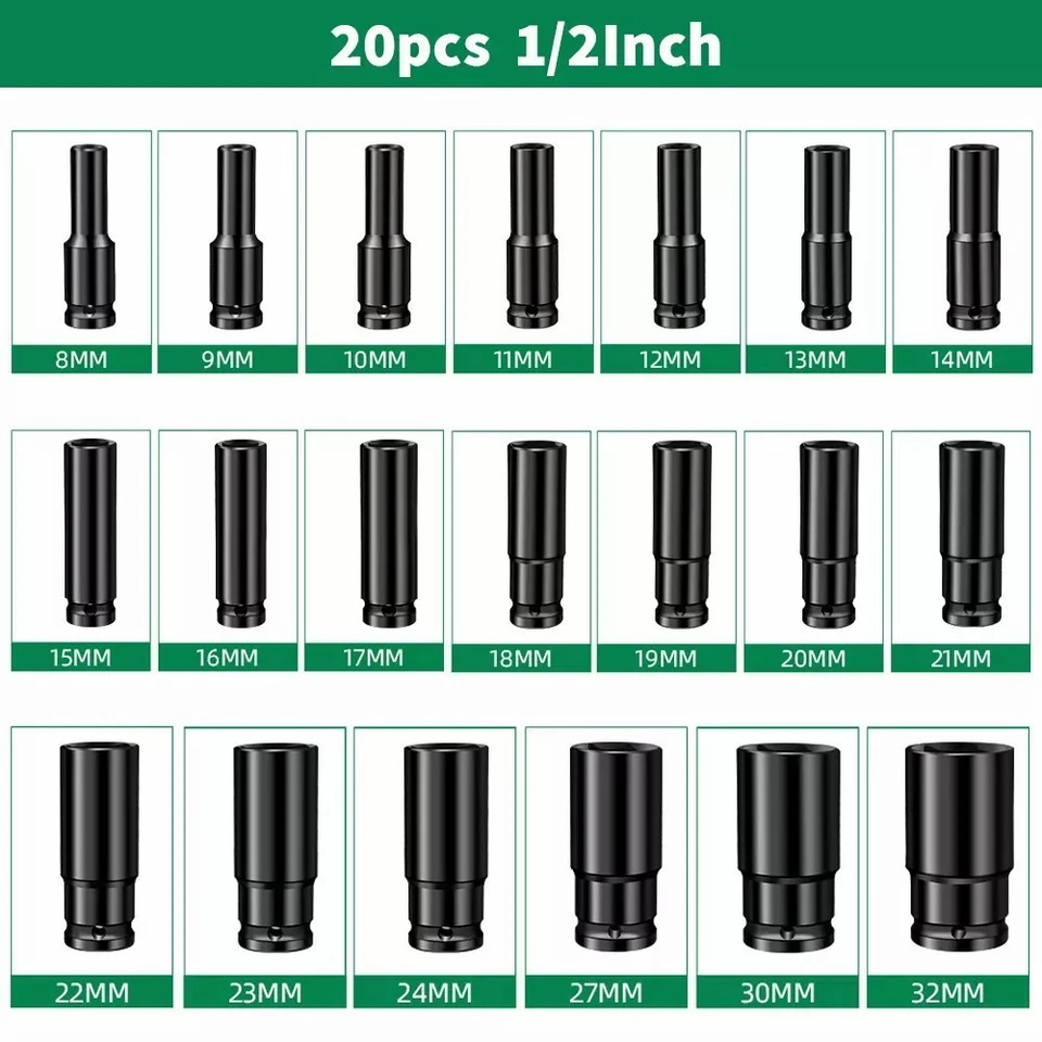1/2" Drive Deep Impact Socket Set 20PCS 8-32MM CR-V Steel Metric Sockets Long - image 2 of 4