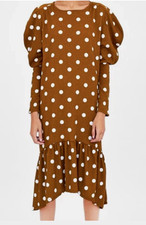 Zara Trafaluc Polka Dot Brown Puff Sleeve Ruffle Hem Dress Women s Size S