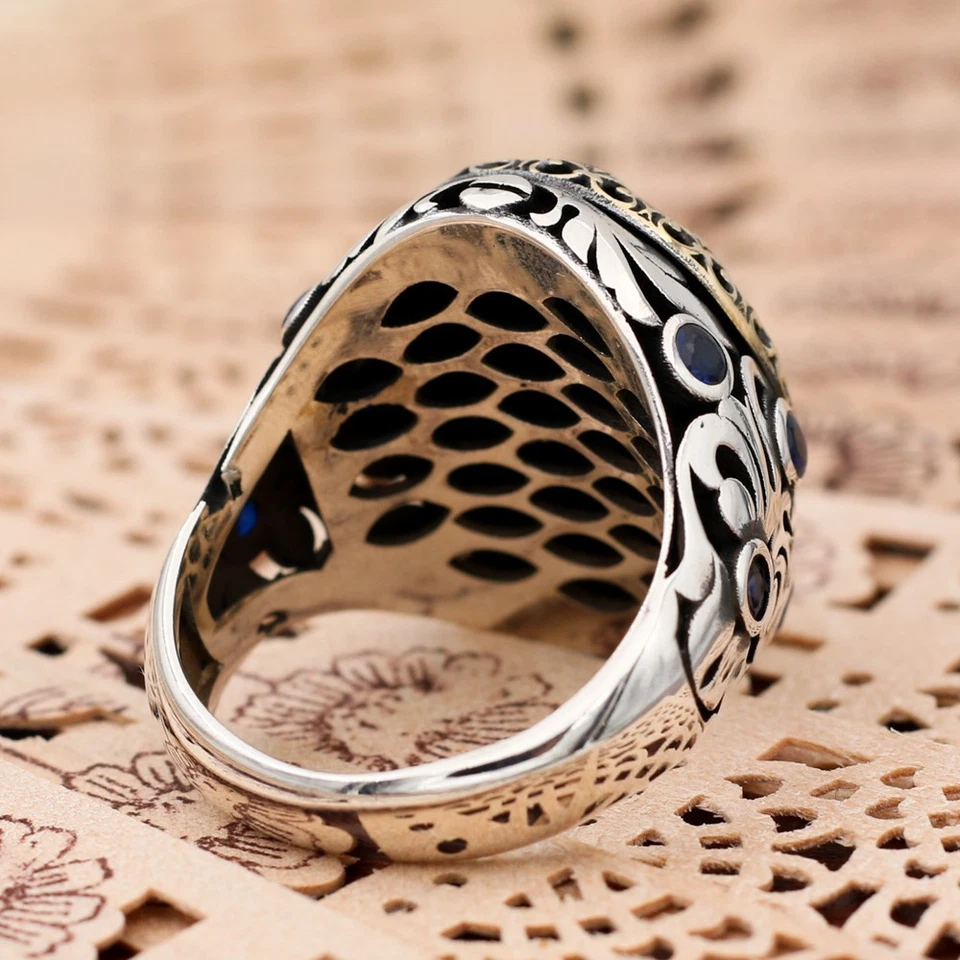 Anillo de plata de ley 925 con piedra de ojo de tigre azul estilo turco para hombre Foto 4 de 4