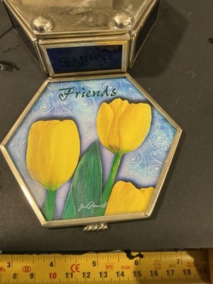 Hexagon Glass Trinket Box Yellow Tulips 'Friends' Floral Design Multicolor Small